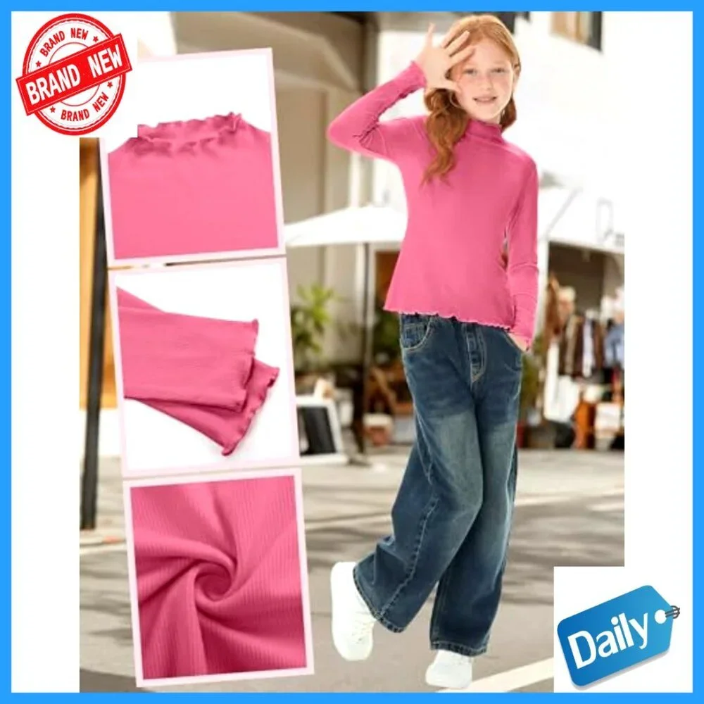 Girls 3 Pack Lettuce Trim Mock Neck Long Sleeve Cotton Tees 5-14Y Slim Fit